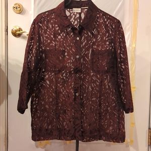 White Stag brand, size large, brown lace/chiffon, 3/4 length sleeve top.